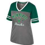 Women's Be the Crown Milwaukee Bucks V-Neck T-Shirt in Green and Grey - Front View