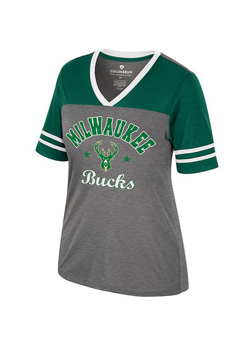 Women's Be the Crown Milwaukee Bucks V-Neck T-Shirt in Green and Grey - Front View