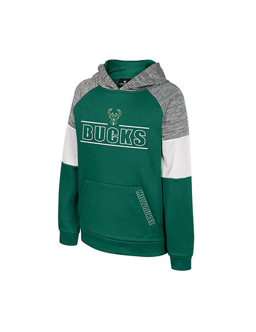 Youth Live Hardcore Poly Milwaukee Bucks Hooded Sweatshirt in Green, White and Grey - Front View