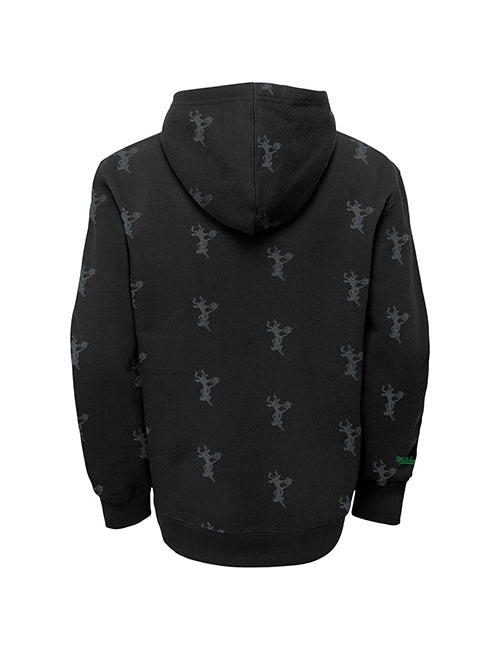 Youth Mitchell & Ness HWC '68 AOP Black Milwaukee Bucks Hooded Sweatshirt in Black - Back View