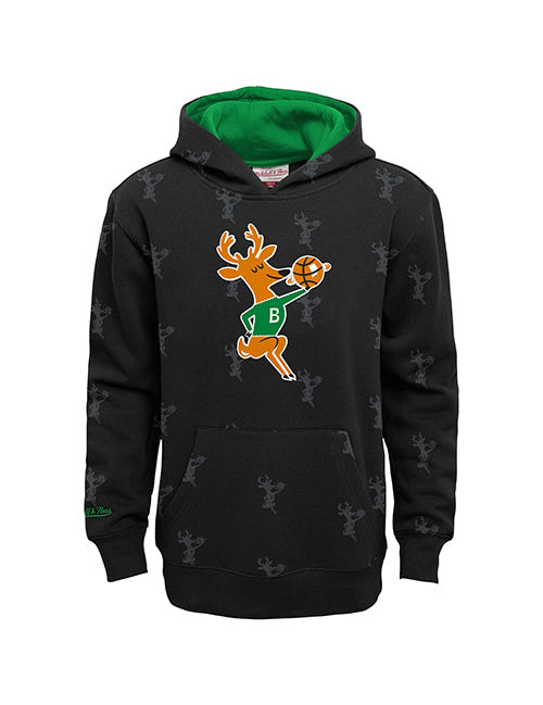 Youth Mitchell & Ness HWC '68 AOP Black Milwaukee Bucks Hooded Sweatshirt in Black - Front View