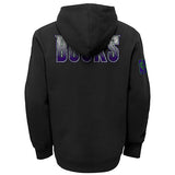 Youth Mitchell & Ness HWC '93 Hometown 2.0 Milwaukee Bucks Hooded Sweatshirt in Black and Purple - Back View