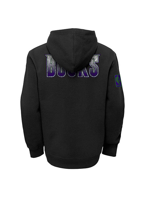 Youth Mitchell & Ness HWC '93 Hometown 2.0 Milwaukee Bucks Hooded Sweatshirt in Black and Purple - Back View
