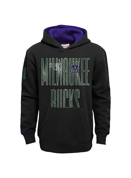 Youth Mitchell & Ness HWC '93 Hometown 2.0 Milwaukee Bucks Hooded Sweatshirt in Black and Purple - Front View