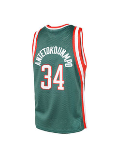 Youth Mitchell & Ness HWC '13 Giannis Antetokounmpo Milwaukee Bucks Swingman jersey in Green, White, and Red - Back View