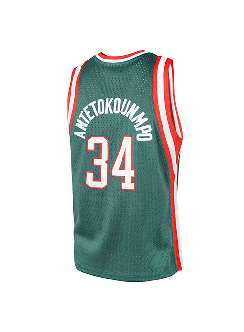 Youth Mitchell & Ness HWC '13 Giannis Antetokounmpo Milwaukee Bucks Swingman jersey in Green, White, and Red - Back View