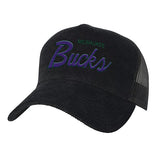Youth Mitchell & Ness HWC '93 Times Up Milwaukee Bucks Trucker Adjustable Hat in Black - Angled Left Side View