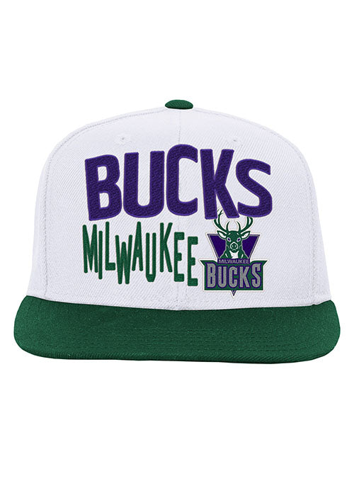 Youth Mitchell & Ness HWC '68 Toss Up Milwaukee Bucks Snapback Hat in White - Front View