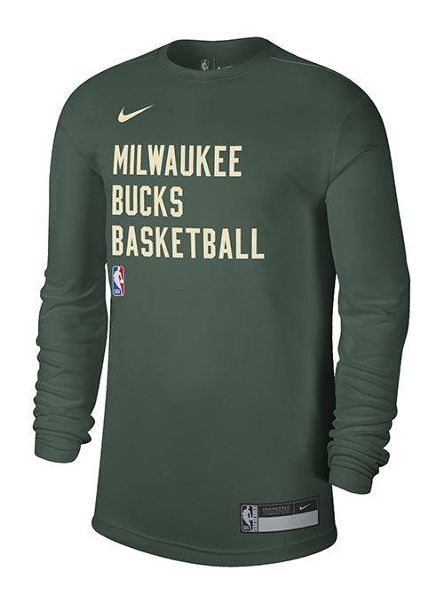 Nike Dri-FIT Essential Practice 23 On-Court Fir Milwaukee Bucks Long Sleeve T-Shirt in Green - Front View