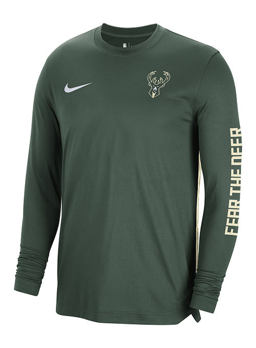 Nike OC DF Pregame Milwaukee Bucks Long Sleeve T-Shirt in Green - Front View