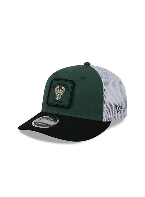 New Era 9Fifty Square Icon Mesh Milwaukee Bucks Snapback Hat in Green and White - Angled Left Side View