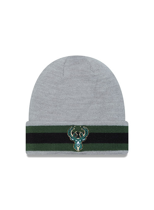 New Era Cuff Banded Stripe Milwaukee Bucks Knit Hat in Green and Grey - Front View