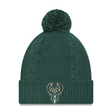 Women's New Era Cuff Pom Cabled Green Milwaukee Bucks Knit Hat in Green - Front View