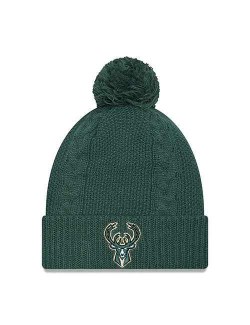 Women's New Era Cuff Pom Cabled Green Milwaukee Bucks Knit Hat in Green - Front View