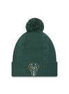 Women's New Era Cuff Pom Cabled Green Milwaukee Bucks Knit Hat in Green - Front View