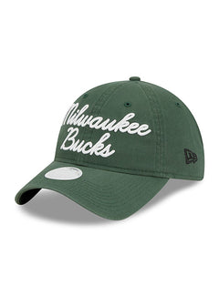 Women's New Era 9Twenty Script Milwaukee Bucks Adjustable Hat in Green - Angled Left Side View