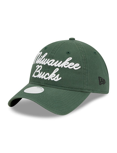 Women's New Era 9Twenty Script Milwaukee Bucks Adjustable Hat in Green - Angled Left Side View
