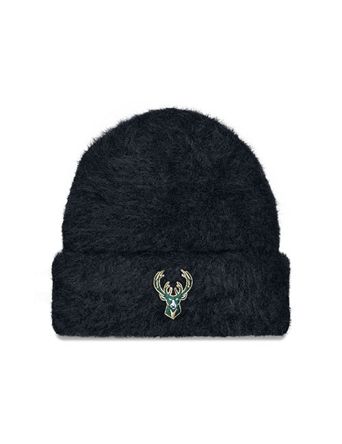 Women's New Era Cuff Fuzzy Icon Milwaukee Bucks Knit Hat in Black - Front View