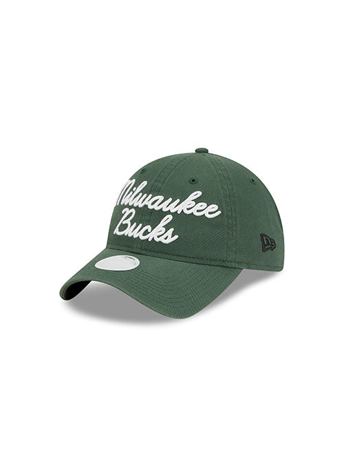 Youth Girls New Era 9twenty Script Green Milwaukee Bucks Adjustable Hat - Angled Left Side View