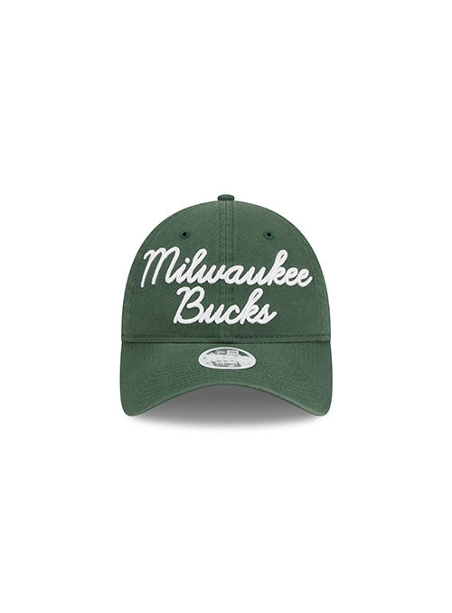 Youth Girls New Era 9twenty Script Green Milwaukee Bucks Adjustable Hat - Front View