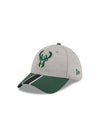 New Era 39Thirty Stripe Icon Milwaukee Bucks Flex Fit Hat in Grey and Green - Angled Left Side View