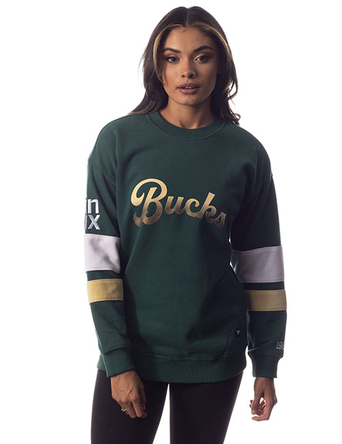 Women's Bucks In Six x The Wild Collective Velvet Touch Milwaukee Bucks Crewneck- front 1