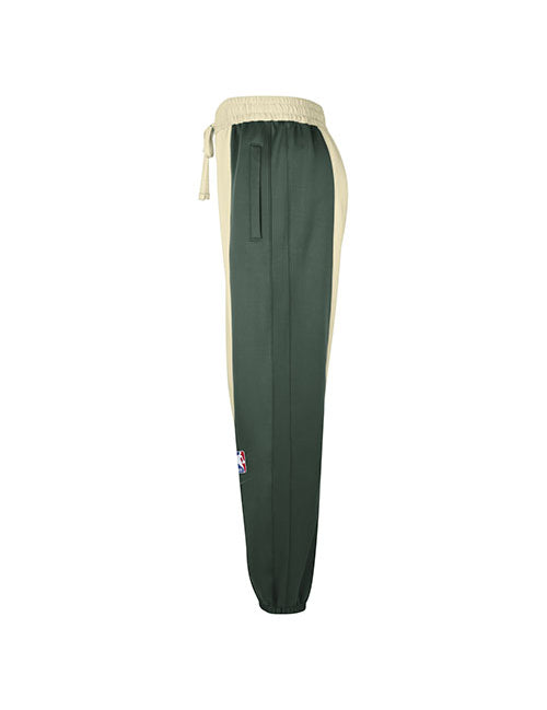 Nike Showtime FIR Opal Milwaukee Bucks Sweatpants in Green and Tan - Left Side View