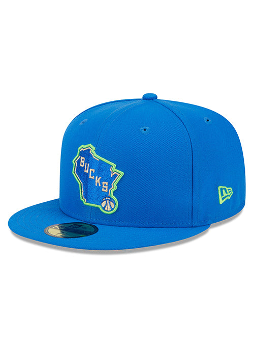 New Era 2023-24 City Edition 59Fifty Alternate Blue Milwaukee Bucks Fitted Hat- angled left 