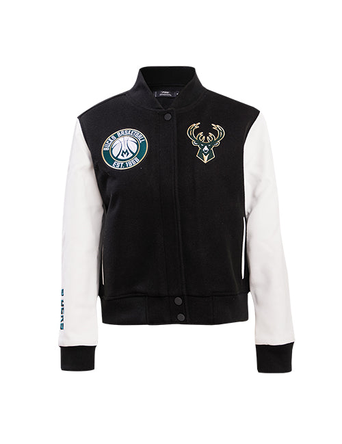 Women's Pro Standard Black & White Milwaukee Bucks Varsity Jacket- front 