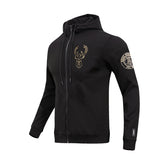 Pro Standard Black and Gold Milwaukee Bucks Full Zip Hooded Sweatshirt- Angled Front View