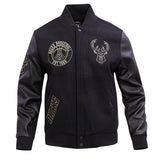 Pro Standard Black and Gold Milwaukee Bucks Varsity Jacket- Front View 