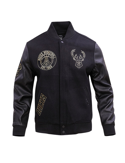 Pro Standard Black and Gold Milwaukee Bucks Varsity Jacket- Front View 