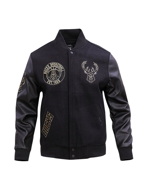 Pro Standard Black and Gold Milwaukee Bucks Varsity Jacket- Front View 