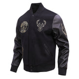 Pro Standard Black and Gold Milwaukee Bucks Varsity Jacket- Angled front View 