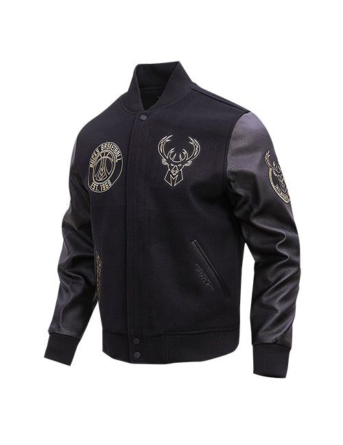 Pro Standard Black and Gold Milwaukee Bucks Varsity Jacket- Angled front View 