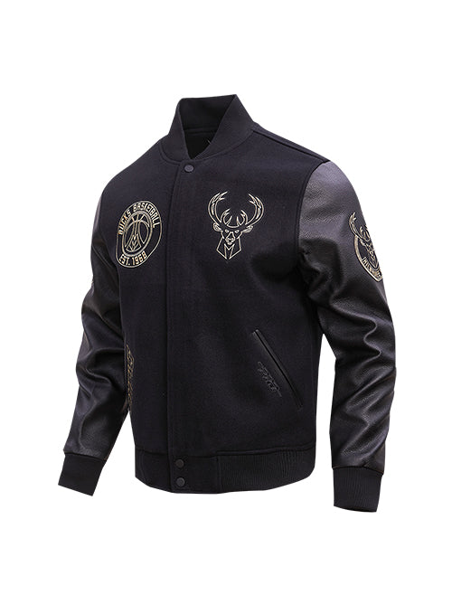 Pro Standard Black and Gold Milwaukee Bucks Varsity Jacket- Angled front View 