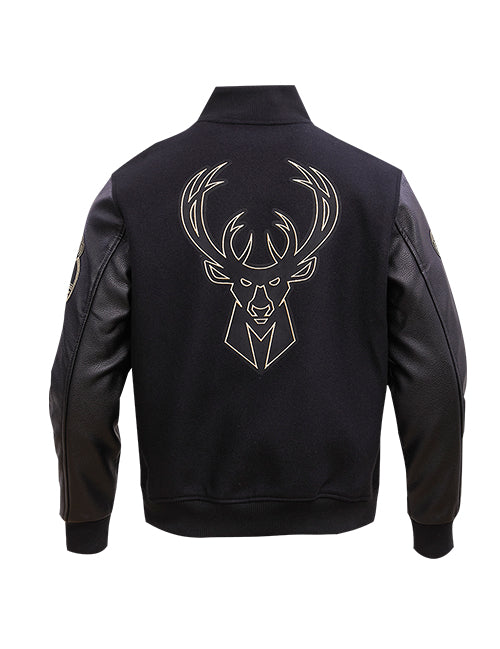 Pro Standard Black and Gold Milwaukee Bucks Varsity Jacket- Back View 