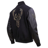 Pro Standard Black and Gold Milwaukee Bucks Varsity Jacket- Angled Back View 