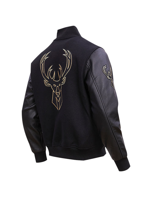 Pro Standard Black and Gold Milwaukee Bucks Varsity Jacket- Angled Back View 