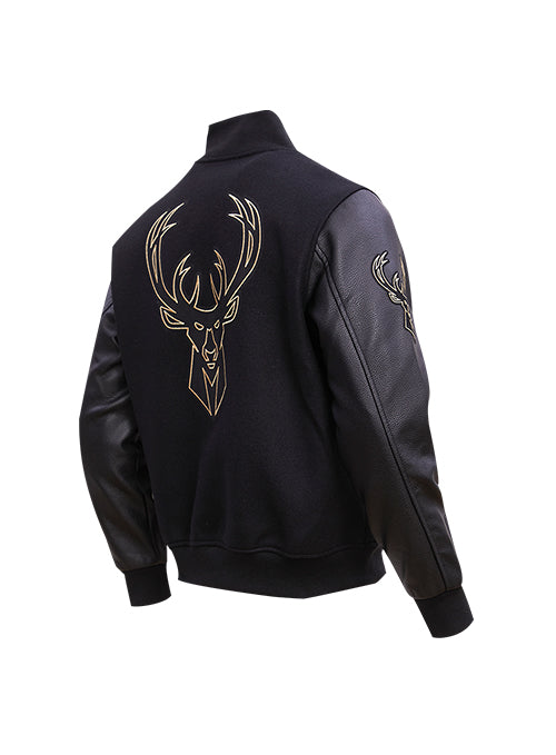 Pro Standard Black and Gold Milwaukee Bucks Varsity Jacket- Angled Back View 