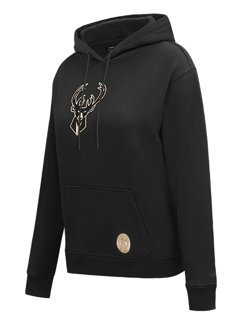 Women's Pro Standard Black & Gold Milwaukee Bucks Hooded Sweatshirt- angled front 