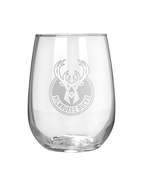 Great American Products Stemless Etched Milwaukee Bucks Wine Glass- front 