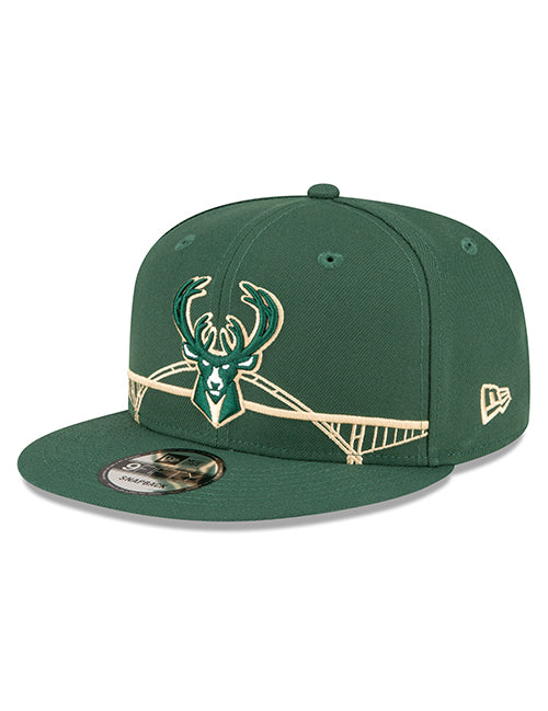 New Era 9Fifty Icon Bridge Milwaukee Bucks Snapback Hat- angled left 