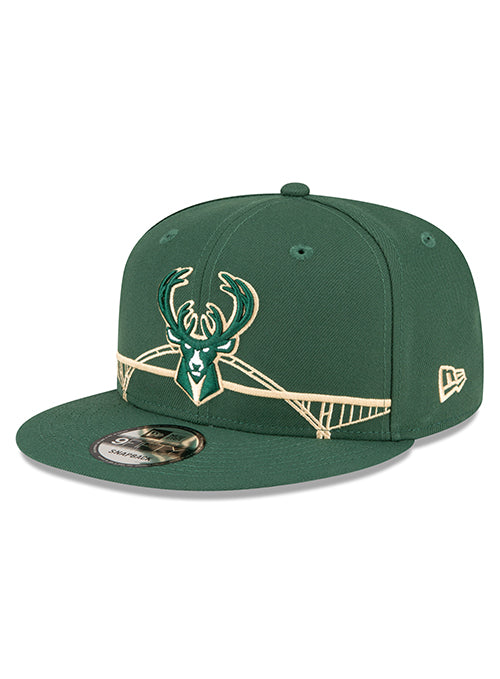 New Era 9Fifty Icon Bridge Milwaukee Bucks Snapback Hat- angled left 