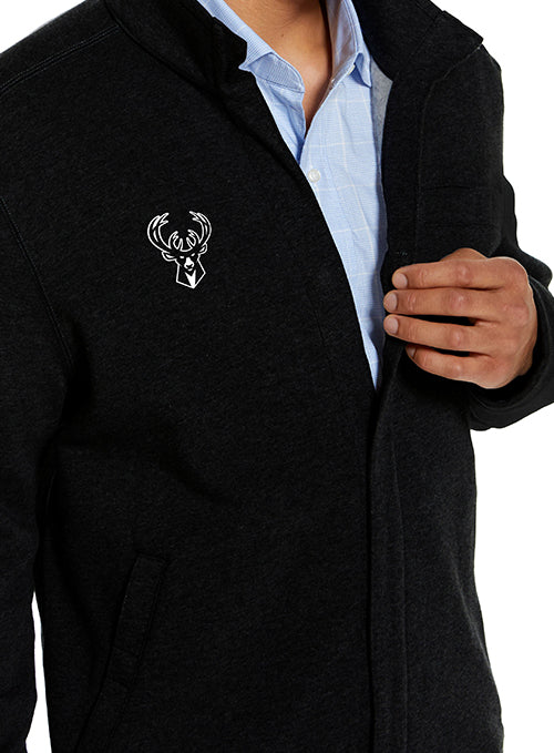 Magna-Ready Black Knit Milwaukee Bucks Fleece Long Sleeve Jacket with Magnetic Closures-model