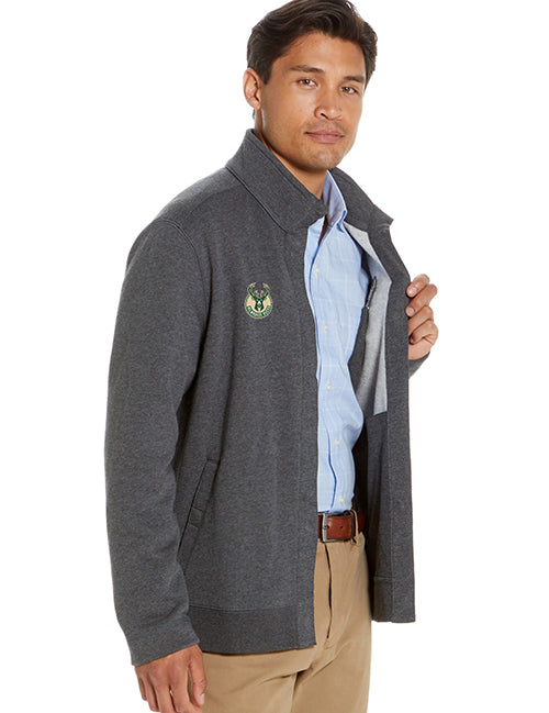 Magna-Ready Charcoal Knit Milwaukee Bucks Fleece Long Sleeve Jacket with Magnetic Closures- model 