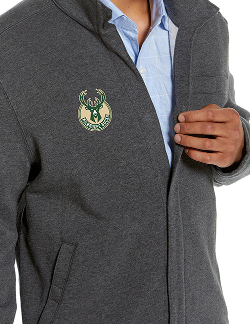 Magna-Ready Charcoal Knit Milwaukee Bucks Fleece Long Sleeve Jacket with Magnetic Closures-front 