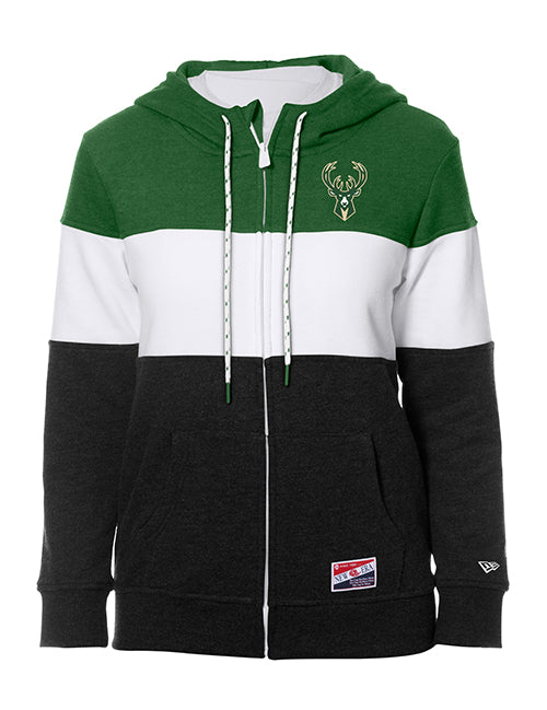 Women's New Era Milwaukee Bucks Tri-Color Full Zip Hooded Sweatshirt-front