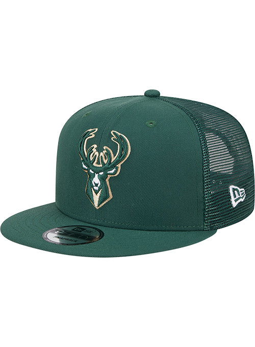 New Era 9Fifty Icon Logo Green Milwaukee Bucks Trucker Snapback Hat-angled left