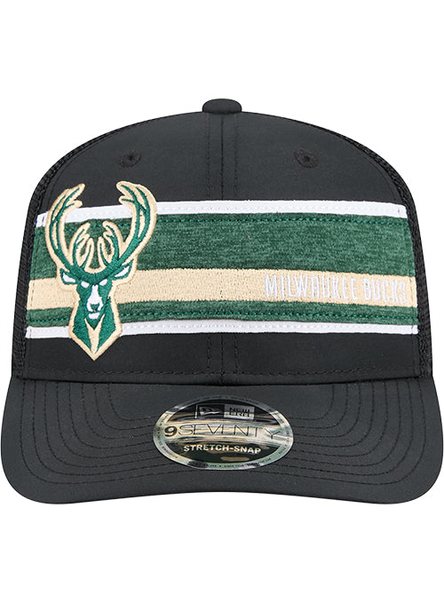 New Era 9Seventy Leather Black Milwaukee Bucks Trucker Snapback Hat-front